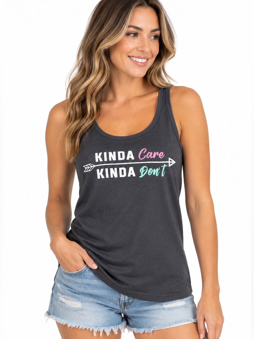 NO BOUNDARIES Kinda Care Kinda Don’t Graphic Tank Top Gray Juniors Small 3-5
